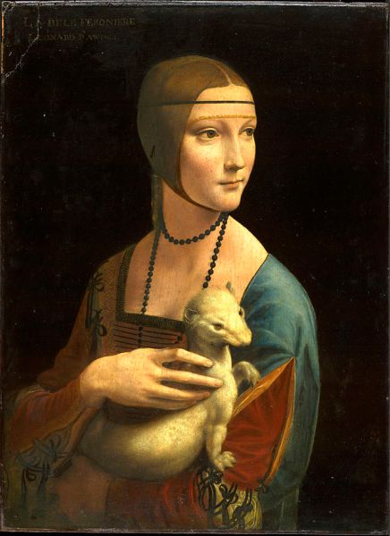 Leonardo da Vinci. La dama del armiño. Hacia 1488-1490. Museo Czartoryski. Cracovia. Polonia. La bellísima joven no lleva en sus brazos un armiño sino un hurón.