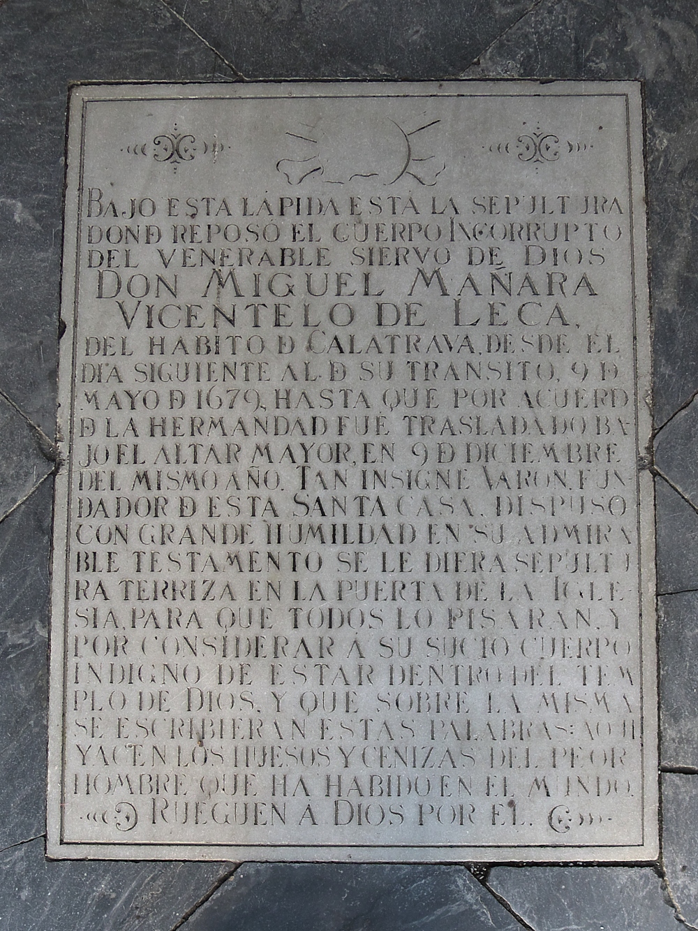 Lápida sepulcral de Miguel Mañara. Iglesia de San Jorge. Hospital de la Caridad. Sevilla.