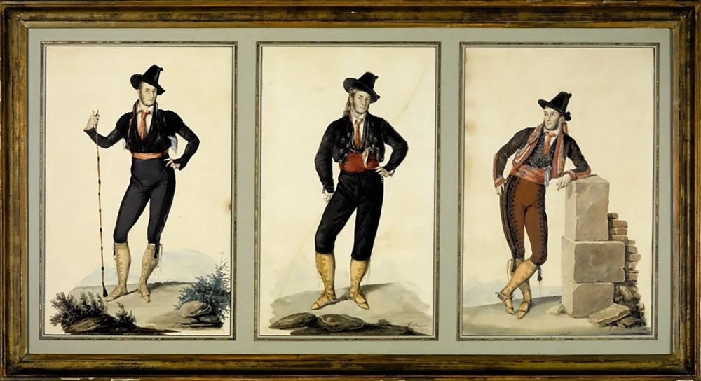 Triple retrato de Richard Ford como «majo serio» en la Feria de Mairena del Alcor, acuarela de José Domínguez Bécquer en 1832. Real Academia de Bellas Artes de San Fernando. Madr